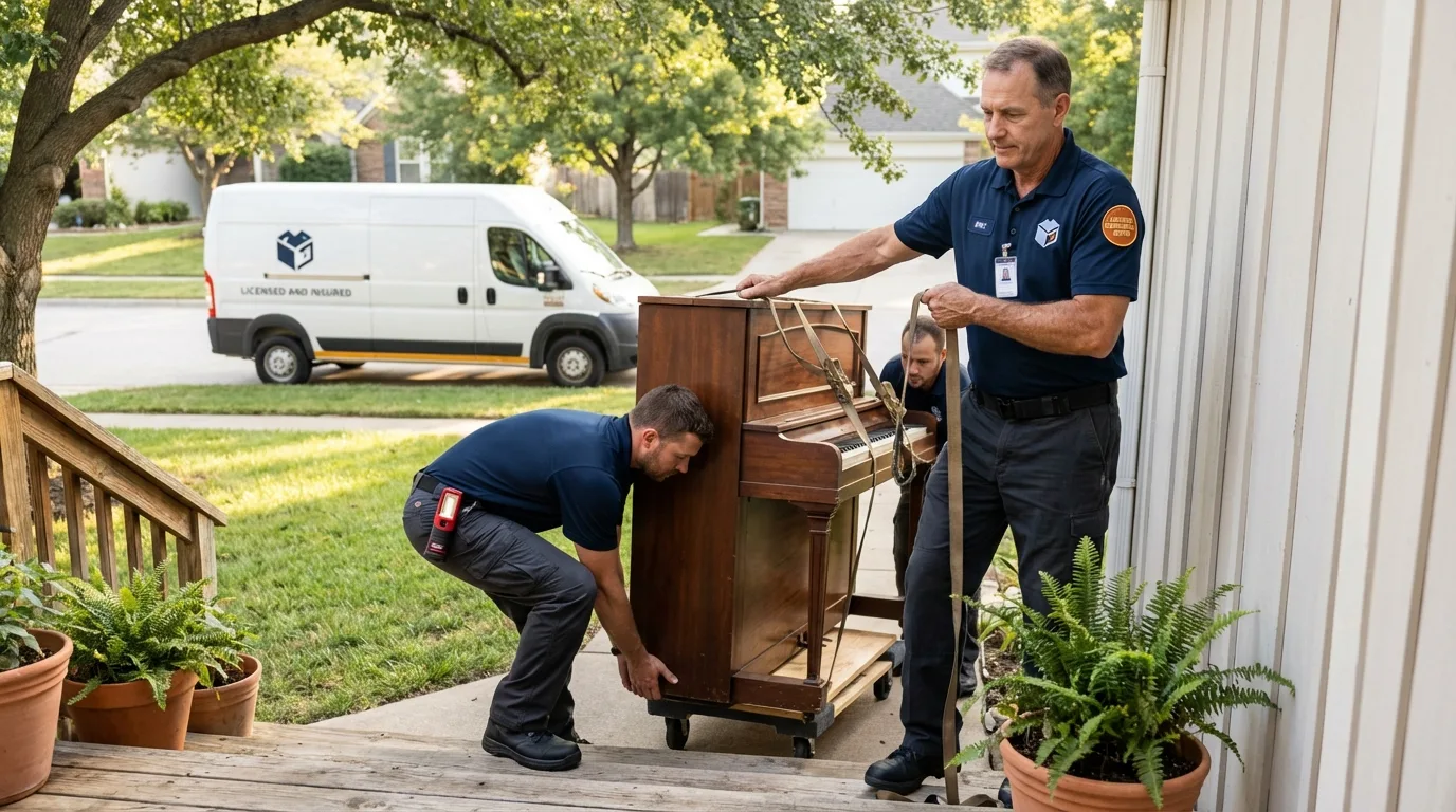 Licensed piano movers securing grand piano in Delavan, WI