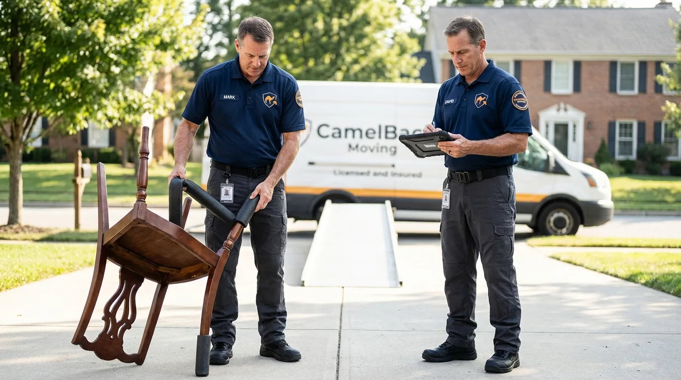 Movers inspecting furniture for damage prevention before loading in Delavan, WI