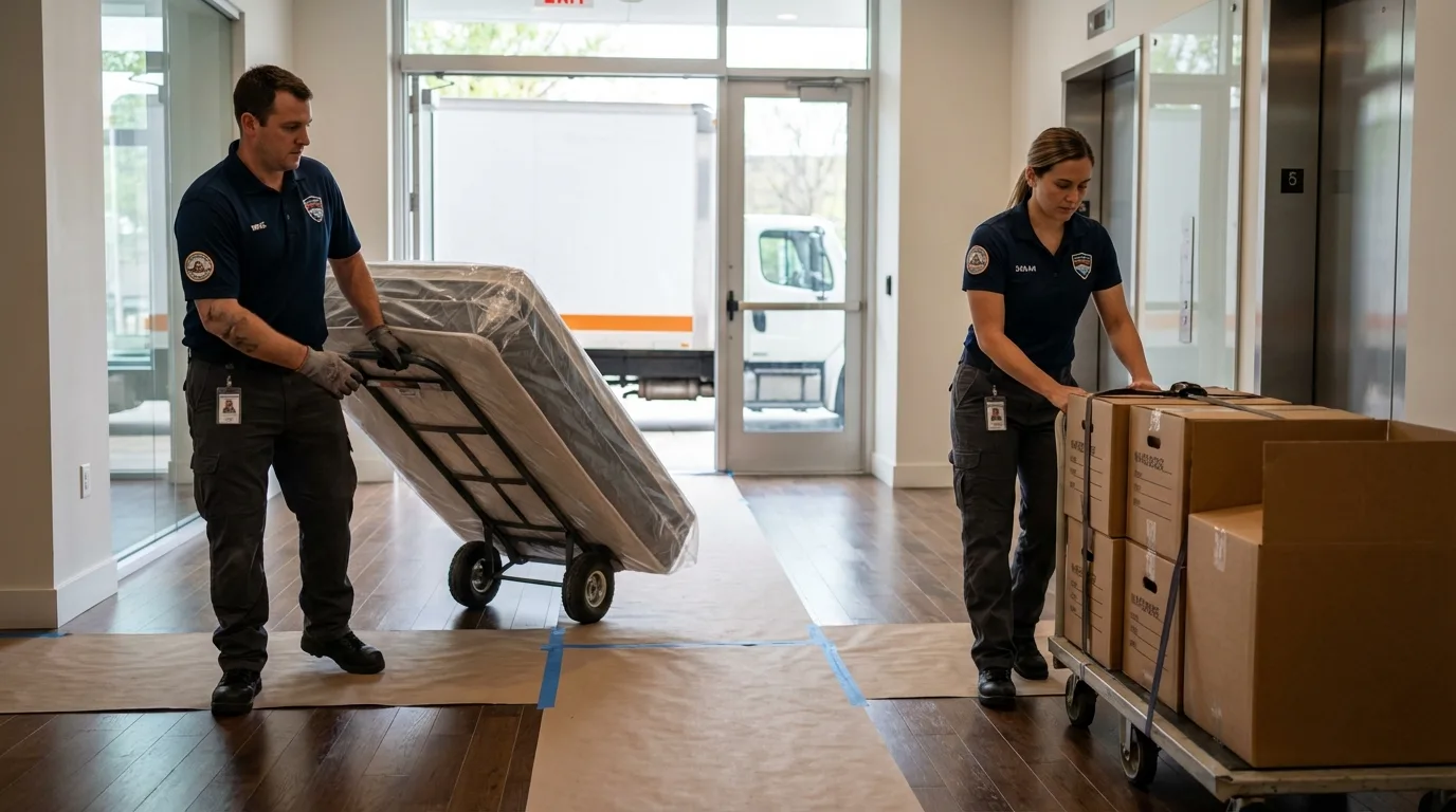 Professional apartment movers loading elevator in Delavan, WI