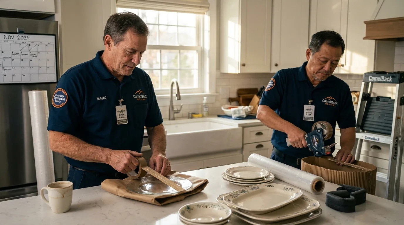 Professional crew packing kitchen dishware in Delavan, WI